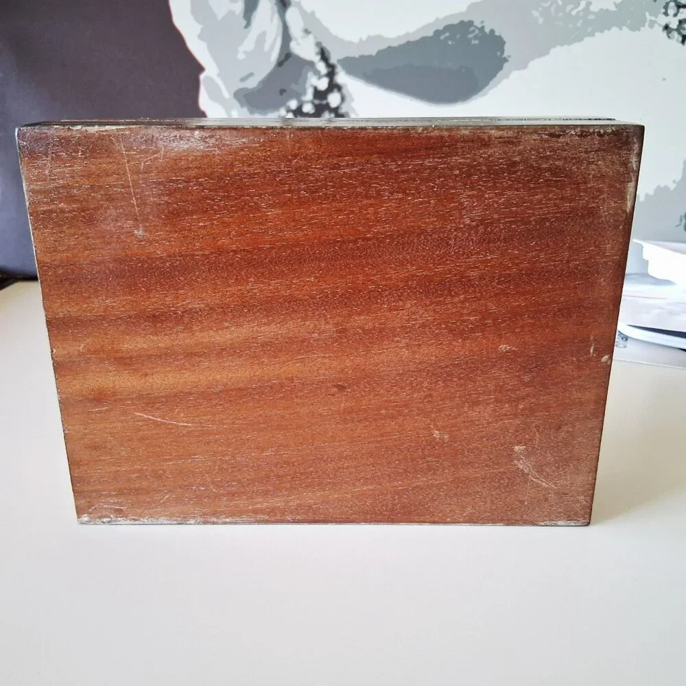 Vintage Handcrafted Wooden Inlaid Jewelry Box Mosaic Design Red Velvet Interior